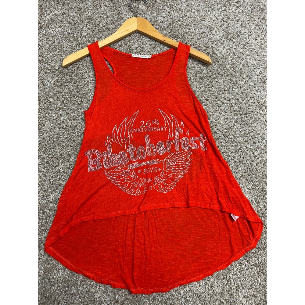 Heart & Hips Biketoberfest 2018 Rhinestone Cutout High Low Tank Top Orange Red S
